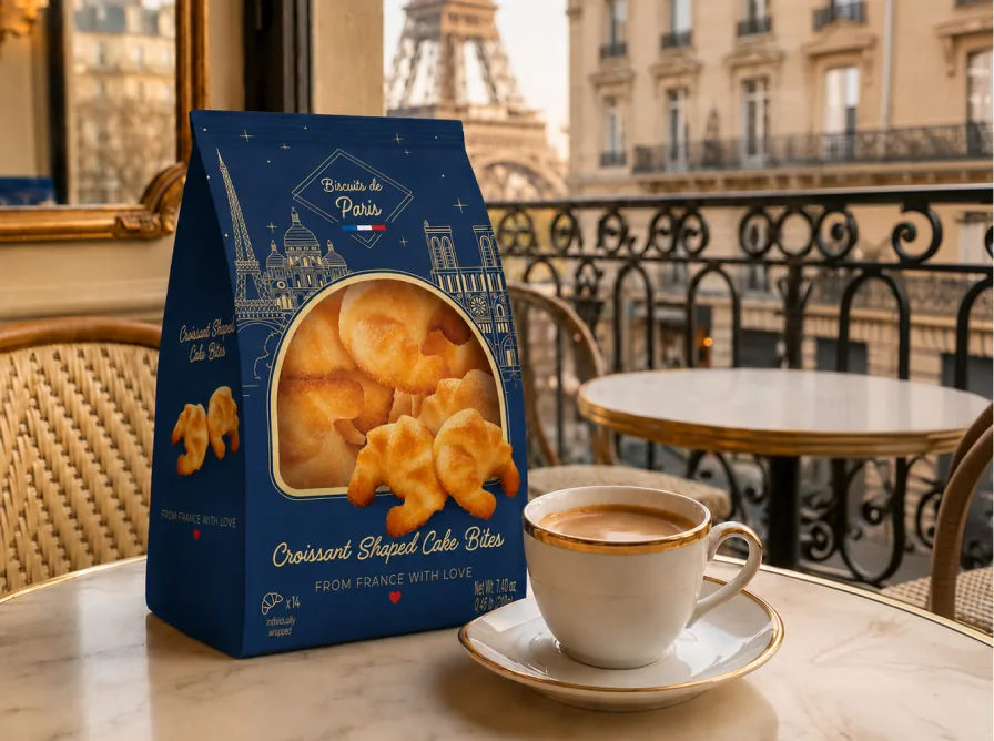 Croissant Shaped Cake Bites pouch on a Parisian café terrace