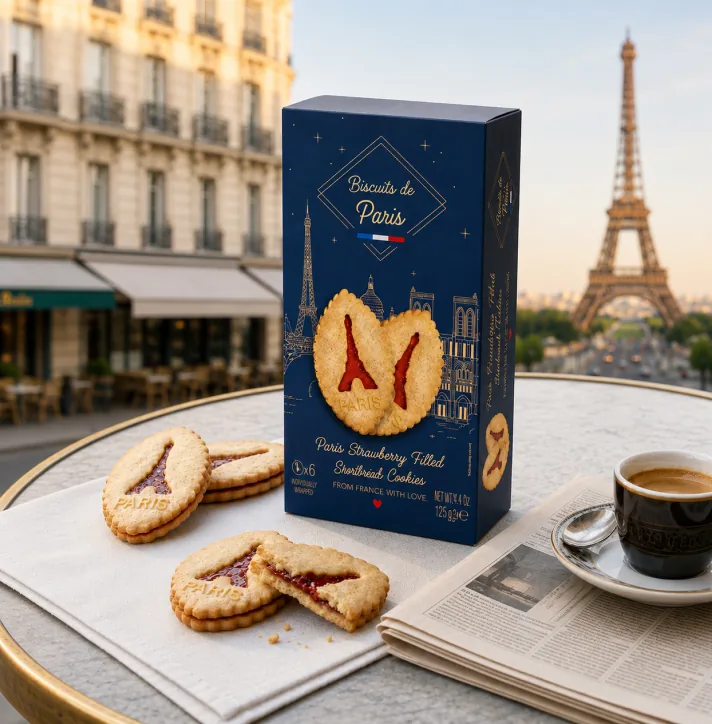 Sandwich cookie box on a café table facing the Eiffel Tower