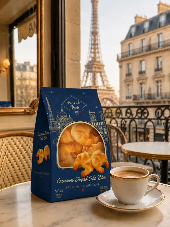 Croissant shaped cake bites with a coffee on a Parisian balcony