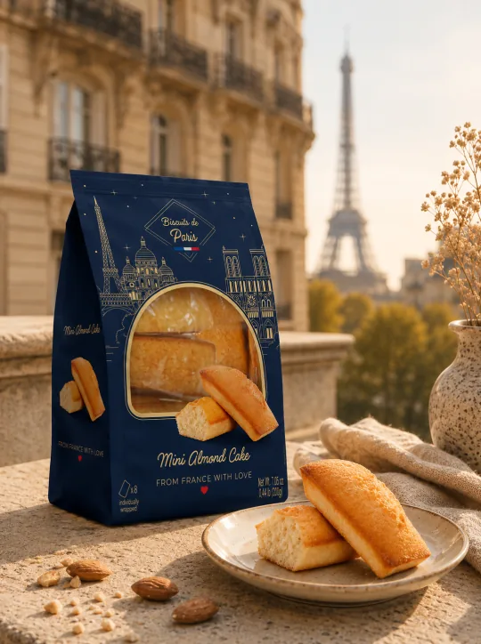 Almond financiers pouch on a Parisian terrace