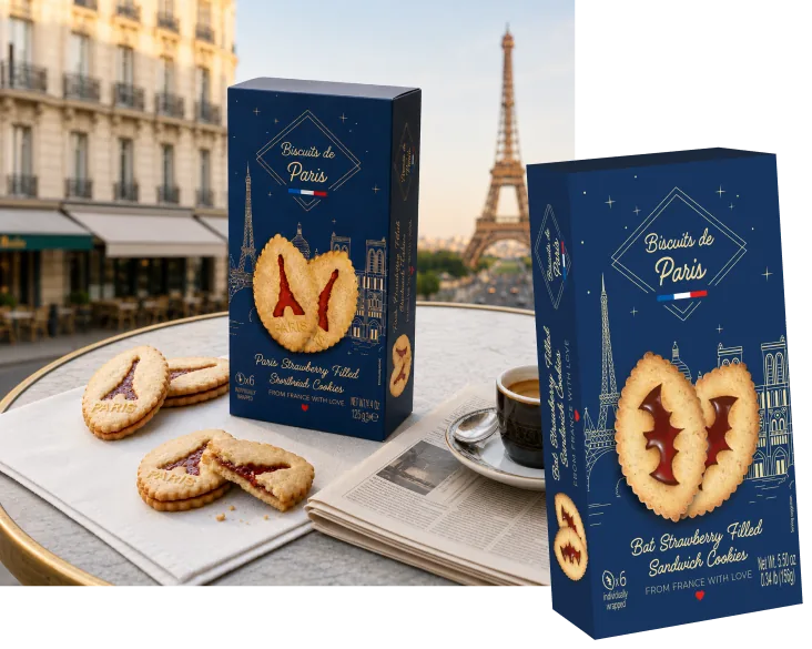 Sandwich cookie boxes on a Parisian café table